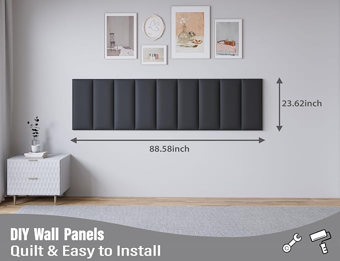 Peel and Stick Upholstered Wall Mounted Headboard King Size, 12 Panels 3D Soundproof Leather Headboard,Wall Mounted Headboards,Reusable and Removable Wall Panels, 10"x24" Black