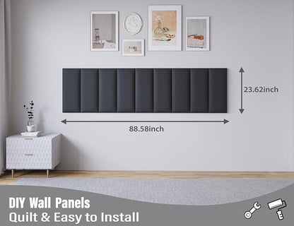 Peel and Stick Upholstered Wall Mounted Headboard King Size, 12 Panels 3D Soundproof Leather Headboard,Wall Mounted Headboards,Reusable and Removable Wall Panels, 10"x24" Black