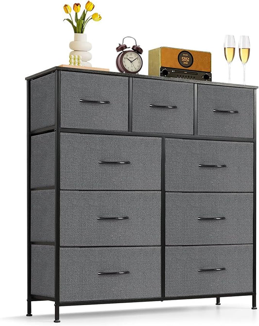 9-Drawer Dresser for Bedroom, Anti-Tip Tall Storage Organizer Chest of Drawers with Wooden Top and Metal Frame Fabric Bins for Closet, Living Room, Hallway, Entryway, Gray