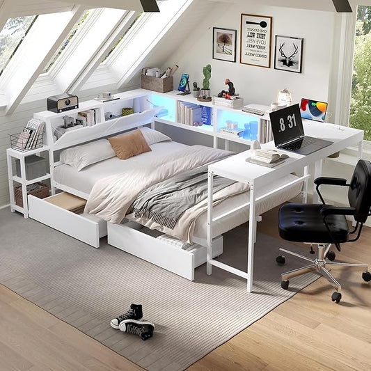 Bellemave Queen Corner Bed Frame with Desk and Storage, Queen Size Captains Bed with Charging Station and LED Light, Wood Daybeds with L-Shaped Bookcase and 2 Drawers, White