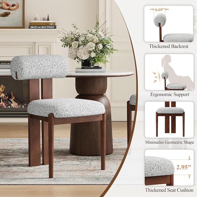 MALOL Modern Wooden Dining Chairs Set of 6, Upholstered Fabric Kitchen Chairs with Sculptural Backrest, Mid-Century Farmhouse Dining Room Chairs with Solid Wood Legs, Light Grey