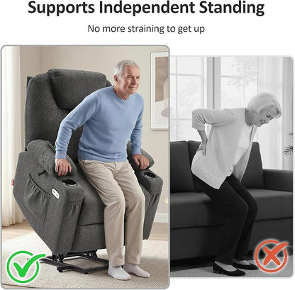 MCombo Power Lift Recliner Chair for Elderly, Lift Chair with Heat and Massage, FSC Certified, USB&Type C Ports, Cup Holders, Fabric 7040 (Medium, Gray)