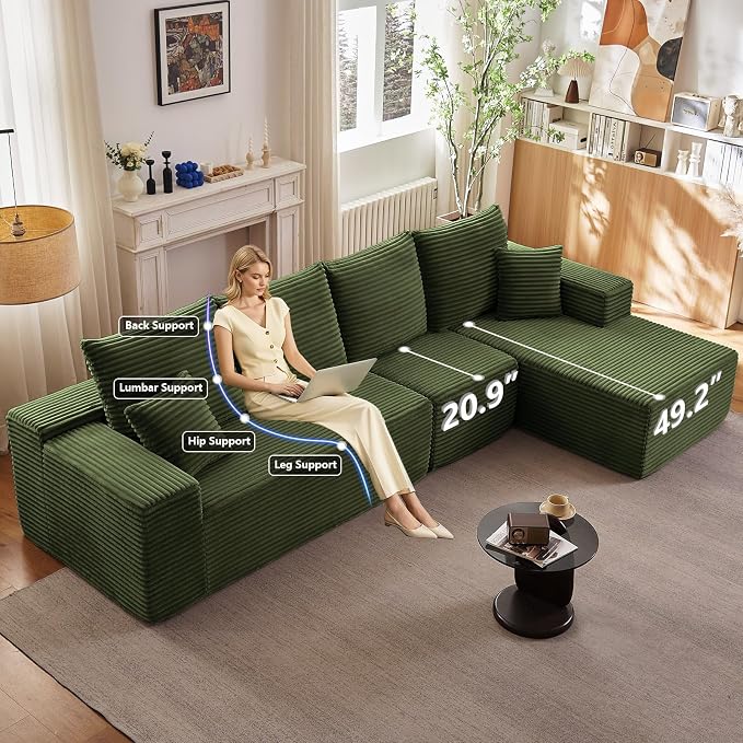 135" Cloud Sectional Couch with L-Shape Chaise, Modern Modular Comfy Sofa Chaise Longue, Upholstered Corduroy Couches Sleeper with Deep Seat for Living Room Bedroom, No Assembly Required, Green