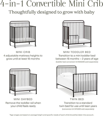 Namesake Winston 4-in-1 Convertible Mini Crib w/Wheels Durable Metal | GREENGUARD Gold Certified - Portable, Metal Baby Crib w/ Removable Wheels - Converts to Toddler Bed, Daybed & Twin Size Bed