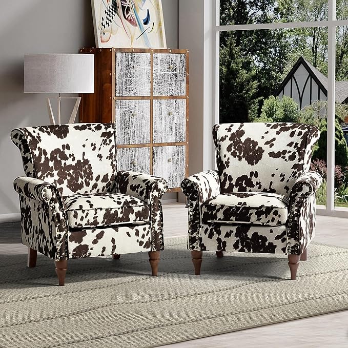 HULALA HOME Modern Wingback Accent Chairs Set of 2 with Wood Legs & Removable Cushion, Comfy Upholstered Armchairs with Nailhead Trim, Floral Pattern Sofa Chairs for Bedroom Living Room, Cowhide