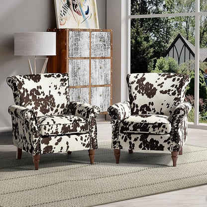 HULALA HOME Modern Wingback Accent Chairs Set of 2 with Wood Legs & Removable Cushion, Comfy Upholstered Armchairs with Nailhead Trim, Floral Pattern Sofa Chairs for Bedroom Living Room, Cowhide