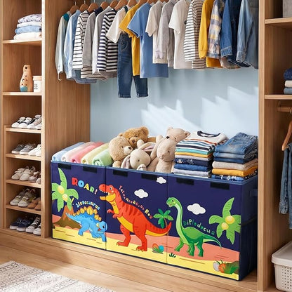 Unicorn Castle Toy Box with Adjustable Divider Toy Chest Storage Large Toy Storage Organizer Bin Collapsible with Lid Pockets for Nursery Playroom,Dark Blue Dinosaur