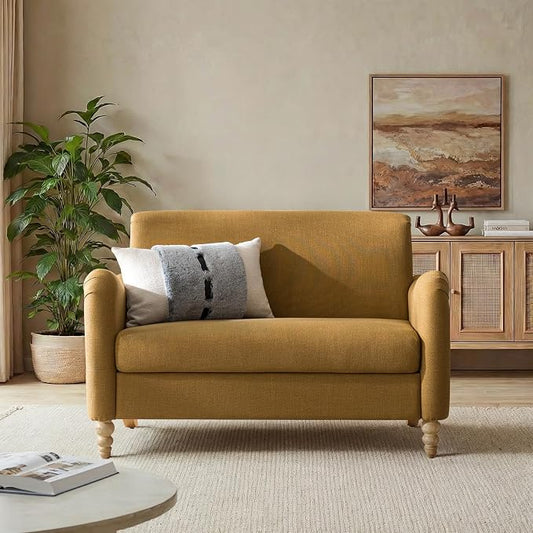 EcoHarbor Living 50.5" Mid-Century Modern Couch, Upholstered Sofa with Armrests, Stripe Mini Couches for Small Spaces, Living Room, Bedroom, Office, Apartment, Golden