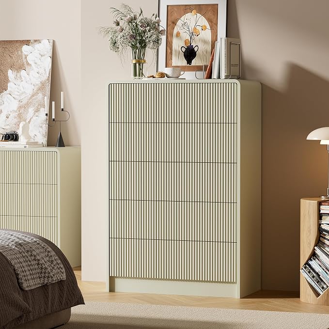 Furniway Beige 5 Drawer Dresser for Bedroom, Curved Tall Dresser with Push-to-Open Design, Chest of Drawers for Bedroom, Living Room, Hallway, 15.7”D x 32”W x 47.2”H