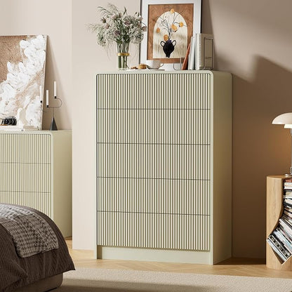 Furniway Beige 5 Drawer Dresser for Bedroom, Curved Tall Dresser with Push-to-Open Design, Chest of Drawers for Bedroom, Living Room, Hallway, 15.7”D x 32”W x 47.2”H