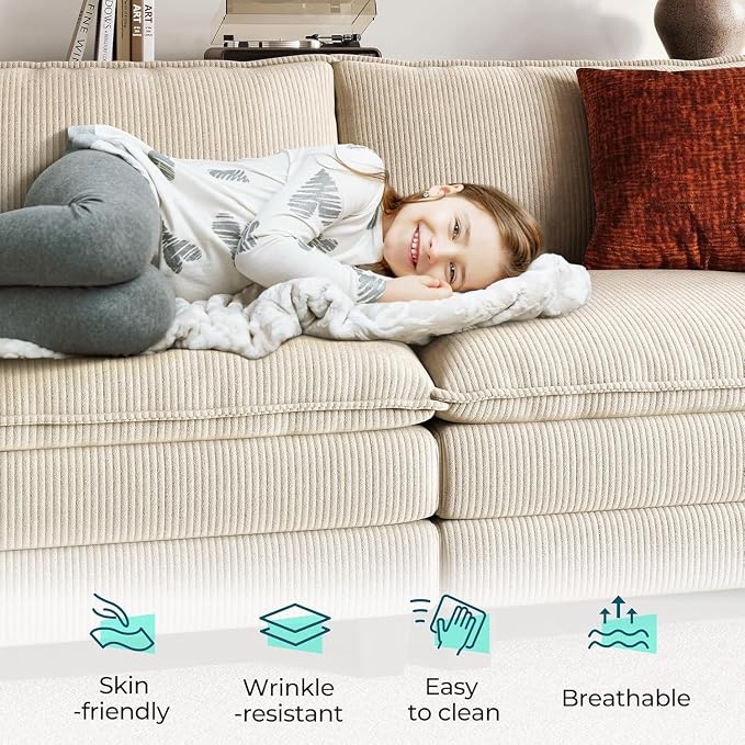 LINSY HOME 123'' Modular Sectional Sofa 3 Seat Couch Corduroy Cloud Couch with Deep Seat, Modern Cloud Couch with 3 Movable Ottoman for Living Room, Office, Bedroom, Beige