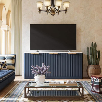 Evermagin 67" Fluted Blue Buffet Cabinet Sideboard with Storage, Large Credenza with 6 Doors, Wood Mid Century Modern Sideboard for Kitchen and Living Room (67"*31.5"*15.7")