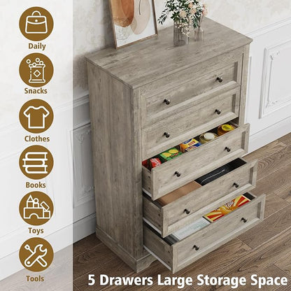 LOUVIXA Farmhouse Bedroom Sets of 4, Including 9 Drawer Dresser, 5 Drawer Dressers and Nightstand Set of 2 with Charging Station (Grey Sets, 3 Pieces-9 Drawer Dresser+2 Nightstand)