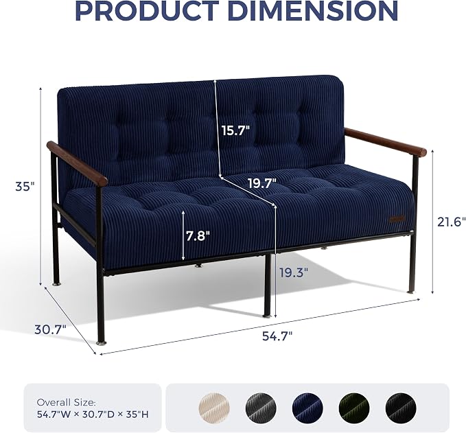 MAXYOYO Living Room Accent Chair, Loveseat Sofa Chair with Sturdy Metal Frame & Wood Armrests, Button Tufted Upholstered Small Couch Modern Love Seat for Bedroom Office, Navy
