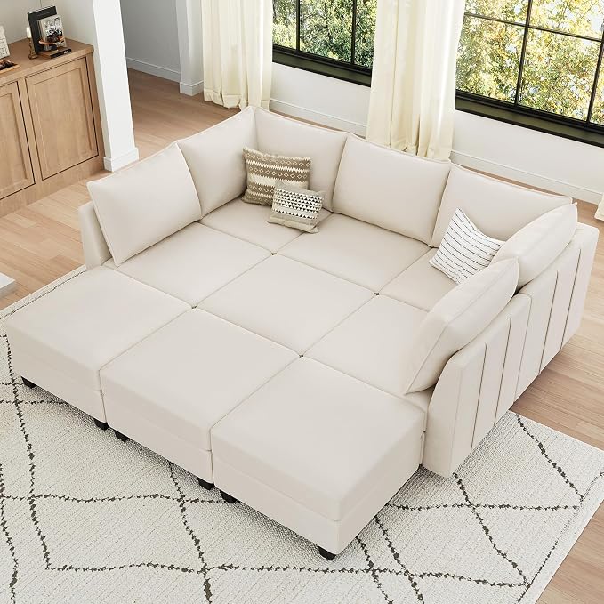 Belffin Modular Sectional Sofa Bed with Storage, 9-Seater Velvet Reversible Sleeper Couch for Living Room, Beige