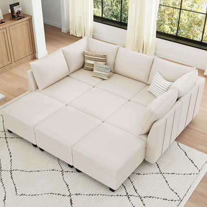 Belffin Modular Sectional Sofa Bed with Storage, 9-Seater Velvet Reversible Sleeper Couch for Living Room, Beige