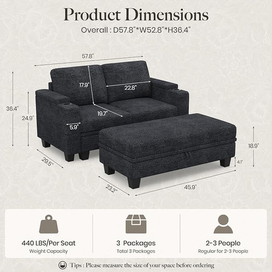 Belffin Sectional Sofa Bed with Storage Ottoman Small Modular Couch with Cup Holder Apartment Couch Dark Grey