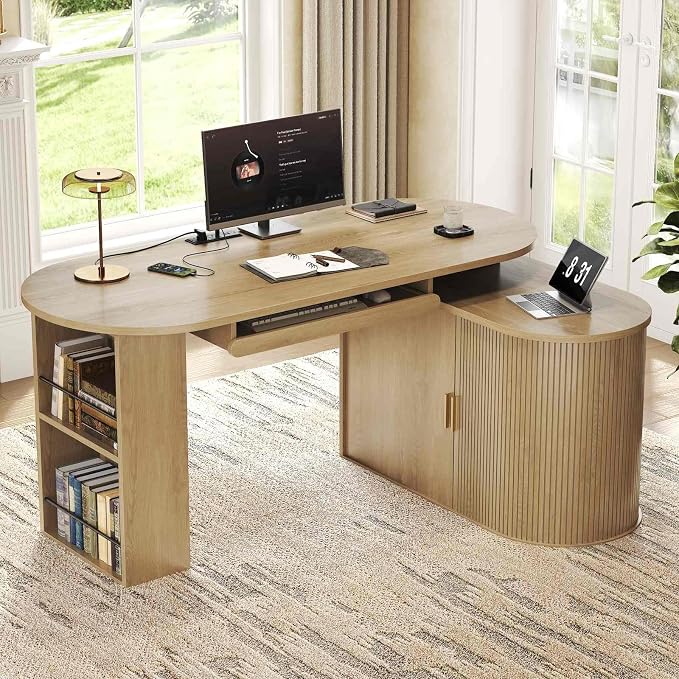 HSH L Shaped Office Corner Desk with Storage Cabinet for Home Oak 60 Inch | Executive Woood Fluted Computer Desk with Keyboard Tray and Open Shelves Modern Reversible Mcm Large Swivel Table