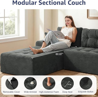 Hobestluk Modular Sectional Sofa Couches L-Shape Couch 3 Seat Modular Sofa Memory Foam Sectional Couches for Living Room, Cloud Couch with Oversized Chaise (Charcoal Corduroy, 108", Left Hand Facing)