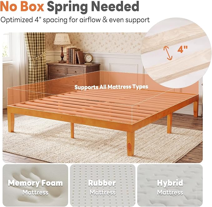 Sweetcrispy Queen Size Bed Frame 14 inch Heavy Duty Platform Bedframe, 1000 lbs Capacity, Underbed Storage, No Box Spring Needed, Wooden Slats, Easy Assembly with Velcro, Honey Finish
