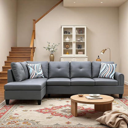 L-Shaped Sectional Sofa, Modern 4-Seat Couch with Left Facing Chaise, Leather Sectional Couch for Living Room, Apartment, Office, Dark Grey