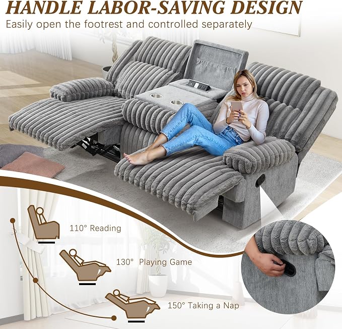 Oversized Reclining Sofa with Flip-Up Middle Backrest, Manual 3 Seater Recliner Sofa, Wall Hugger Recliner Couch with Outlets/USB Ports for Living Room, Bedroom(Gray, Sofa)