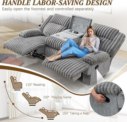 Oversized Reclining Sofa with Flip-Up Middle Backrest, Manual 3 Seater Recliner Sofa, Wall Hugger Recliner Couch with Outlets/USB Ports for Living Room, Bedroom(Gray, Sofa)