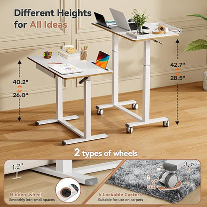 Mobile Standing Desk, 35inch Small Rolling Table with Drawer, Height Adjustable Sit Stand Workstation, White Portable Laptop Cart with Hidden Wheels or Lockable Casters