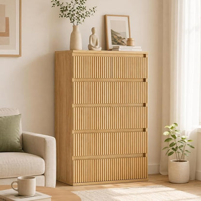 Jocoevol Fluted 6 Drawer Dresser for Bedroom, Modern Wood Chest of Drawers, Tall Storage Dresser with Deep Drawers, Handleless Floor-Standing Dresser for Bedroom, Living Room, Entryway, Natural Oak