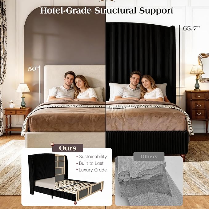 65.7" Tall Headboard California King Size Upholstered Bed Frame with Wingback, Soft Washable Corduroy Beds Cover, Solid Wood Legs, Noise-Free, No Box Spring Needed, Black