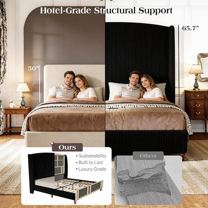 65.7" Tall Headboard California King Size Upholstered Bed Frame with Wingback, Soft Washable Corduroy Beds Cover, Solid Wood Legs, Noise-Free, No Box Spring Needed, Black