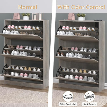 BORNOON Shoe Cabinet with Odor Control and Back Panels, Deodorizing Slim 3-Flip Shoe Storage Cabinet for Entryway, Freestanding Hidden Shoe Rack Organizer for Entrance, Hallway, Bedroom