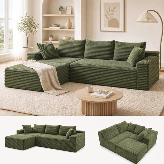 Claiks 94" Boneless Couch, Cloud Couch Sectional, L-Shape Corduroy Modular Sectional Sofa Deep Seat, Upholstered Couches for Living Room, No Assembly Required, Green