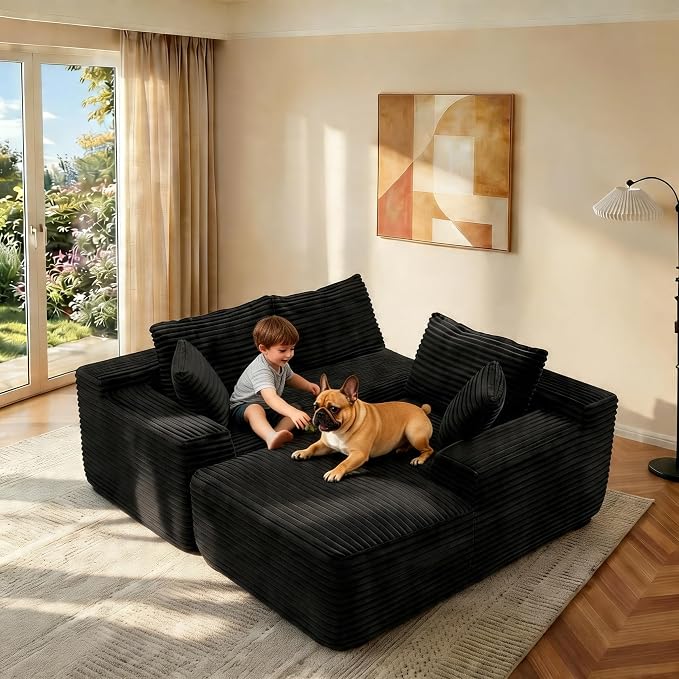 JINGLING 94" L Shape Couch with Right Chaise, Memory Foam Boneless Sectional Sofa in a Box, No Assembly Modular Small Couches for Small Spaces, Living Room, Apartments, Plush Corduroy, Black