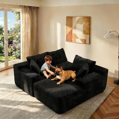 JINGLING 94" L Shape Couch with Right Chaise, Memory Foam Boneless Sectional Sofa in a Box, No Assembly Modular Small Couches for Small Spaces, Living Room, Apartments, Plush Corduroy, Black