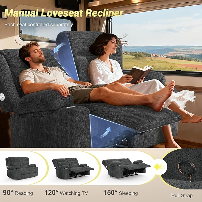 RV Loveseat Recliner Sofa, Reclining Loveseat Home Theater Seating with USB Ports, Cup Holders, Insert Pockets, Wall Hugger RV Recliners for Movie Room, Recline Movie Seats Gaming Sofa, Gray