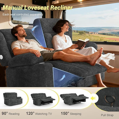 RV Loveseat Recliner Sofa, Reclining Loveseat Home Theater Seating with USB Ports, Cup Holders, Insert Pockets, Wall Hugger RV Recliners for Movie Room, Recline Movie Seats Gaming Sofa, Gray