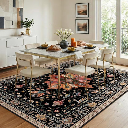 RELEANY Area Rugs 8'x10' Washable Non-Slip, Floral Vintage Distress Medallion Carpet for Living Room Bedroom Dining Room, Black Colorful Floral Dark Tan