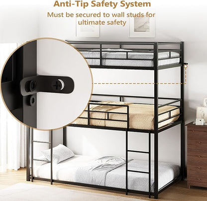 JOYMOR Triple Bunk Bed Twin Over Twin Over Twin, Metal 3 Bunk Bed for Kids, Teens and Adults, Heavy Duty Triple Bed Frame with Safety Guardrail, No Box Spring Needed