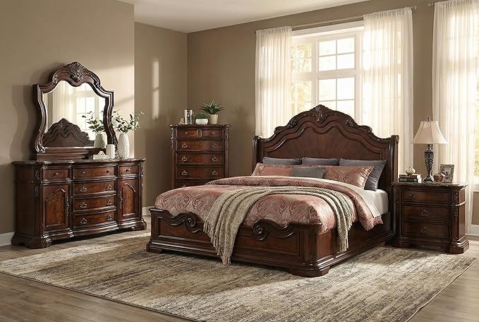First of a Kind Barney's Traditional 5 Piece Eastern King Bedroom Set Solid Wood Furniture Collection with Walnut Finish, Classic Carved Design for Spacious Master Bedroom Interiors