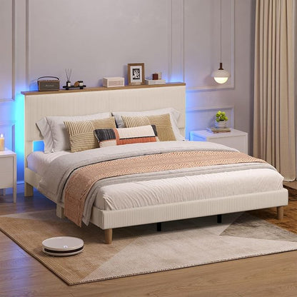 Bestier King Bed Frame with Adjustable Headboard & LEDLighting, Corduroy Upholstered Platform Bed Frame withStorage Shelf, Solid Wood Slats, No Box Spring Needed,Never Squeak, Easy Assembly, Beige