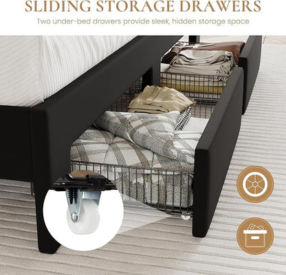 SHA CERLIN Velvet King Size Bed Frame with Vertical Channel Tufted Wingback Headboard & 2 Storage Drawers/2-Tier Shelves with LED Lights & Charging Station/Noise-Free/No Box Spring Needed/Black