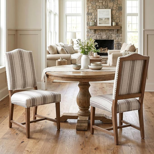 ROCITY Linen Dining Chairs Set of 2 Upholstered Farmhouse Dining Room Chairs Kitchen Side Chairs with Wooden Legs&Nailhead Trim, Beige with Brown Stripe