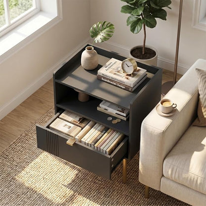 Black Mid-Century Modern Nightstand, End Table with Drawer & Open Shelf | Sturdy metal legs, space-saving for small rooms, quick assembly, raised anti-slip edge, fits bedroom dorm living room