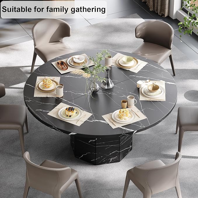 HSH Round Dining Table for 4-6 People, 47” Black Faux Marble Kitchen Table only, Modern Wooden Dinner Table for Living Dining Room with Octagon Base, Black Faux Marble, 47 Inch