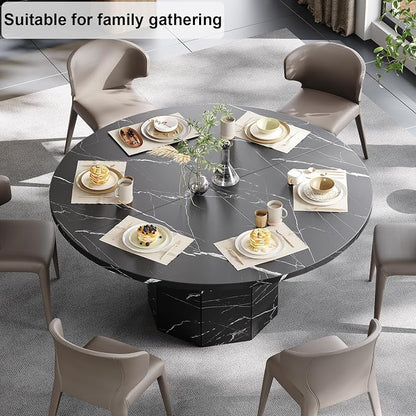 HSH Round Dining Table for 4-6 People, 47” Black Faux Marble Kitchen Table only, Modern Wooden Dinner Table for Living Dining Room with Octagon Base, Black Faux Marble, 47 Inch