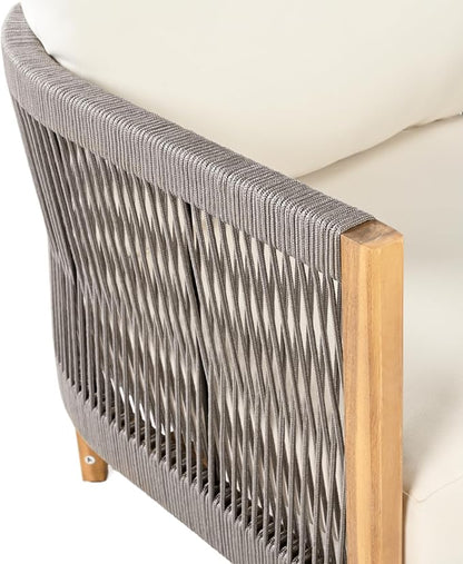 Christopher Knight Home Havets 5 Pieces Outdoor Acacia Furniture Set, Woven Rope Loveseat and Accent Club Chairs, 6" Thick Cushions Sofa and Coffee Table Set for Backyard Garden Balcony, Gray+Beige