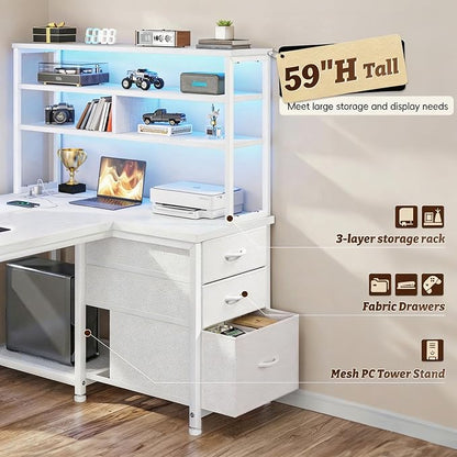 DurayLoly 55''White Desk with 3 Fabric Drawers & Shelf, Remote LED Power Outlet for Bedroom