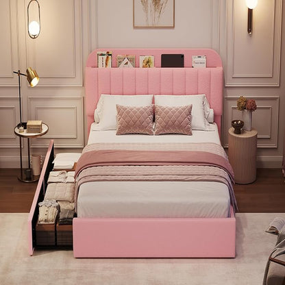 GarveeHome Twin XL Bed Frame with Storage Headboard, Girls Bed Frame with 2 Drawers, Boucle Upholstered Platform Bed with Bookcase, No Box Spring Needed, Easy Assembly, Light Pink