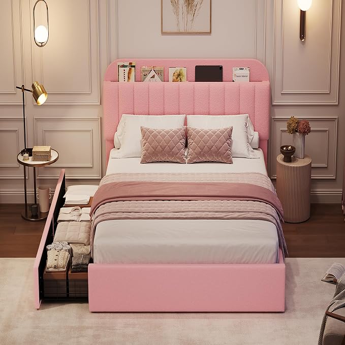 GarveeHome Twin Bed Frame with Storage Headboard, Girls Bed Frame with 2 Drawers, Boucle Upholstered Platform Bed with Bookcase, No Box Spring Needed, Easy Assembly, Light Pink